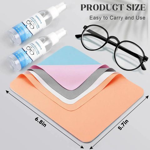 30 Pack Microfiber Cloths For Glasses And Electronics With 2 Lens Sprays, shown with multicolored cloths and black glasses.