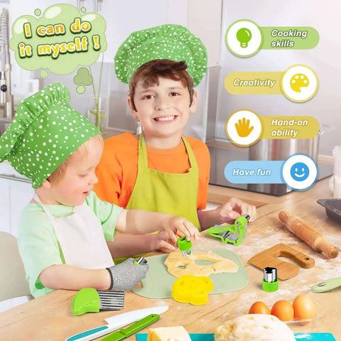 Children using Real Cooking Kids Knife Set With 15 Piece Montessori Kitchen Tools For Safe Learning. Includes various cutters and knives.