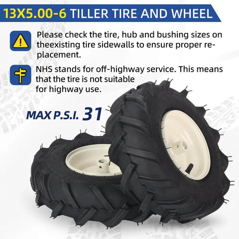 Two 13x5.00-6 tiller tire and wheel kits tubeless with 3/4 inch axle, 3-1/8 inch centered hub for Craftsman and Troy-Bilt tillers.