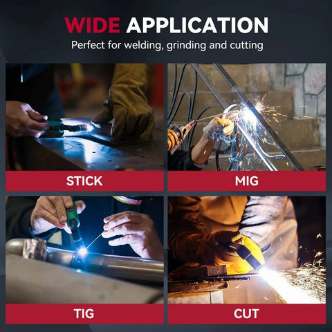 Welding applications: stick, MIG, TIG, and cutting shown with sparks, highlighting diverse uses of Auto Darkening Welding Helmet With Huge 3.94 By 3.66 Inch Viewing Screen True Color Hood Four Arc Sensors Solar Powered Workhorse Performance With Shade Range 4 To 13 Pro Grade ARC TIG MIG Welding Helmet For Pros.