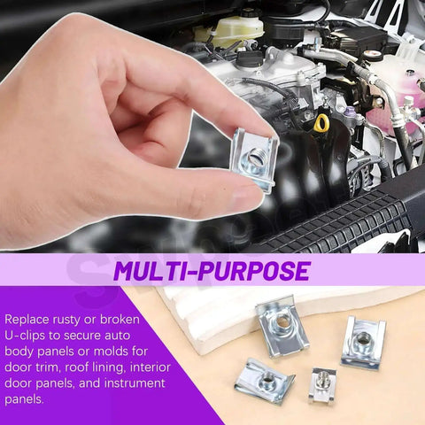 Close-up of hand holding Stainless Steel Auto U Clip Kit against car engine background with additional clips displayed nearby