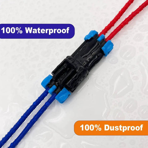 Weather Pack 2 Pin Waterproof Automotive Connector Kit in use, showing 100% waterproof and dustproof features with blue and red wires.