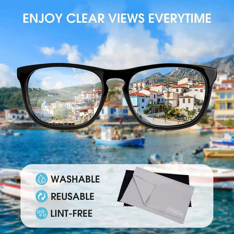 18 Pack Premium Microfiber Cloths For Glasses, Screens, Cameras And Phones, showing clear glasses with scenic reflection, lint-free material.