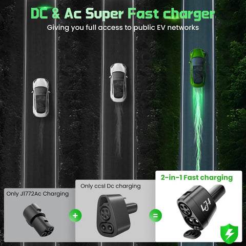 DC & AC Super Fast charger demonstrated with cars on a road, showing charging options for electric vehicles.