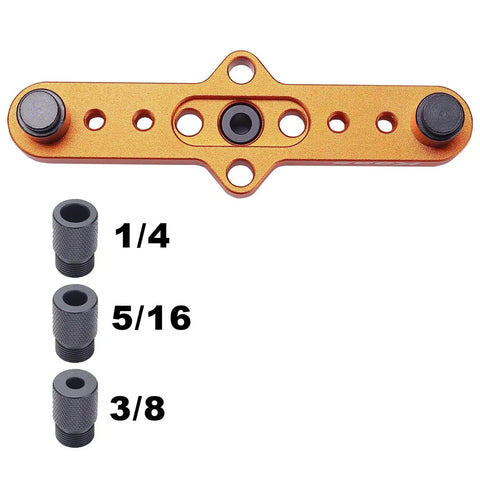 Pro Grade Self Centering Dowel Jig Kit For Woodworking With Center Finder, Ultra Precise Drill Guide For Straight Holes, Includes One Quarter Inch Five Sixteenth Inch Three Eighth Inch Bit Guides For Hand Drills, Built Tough 6061 T5 Aluminum displayed