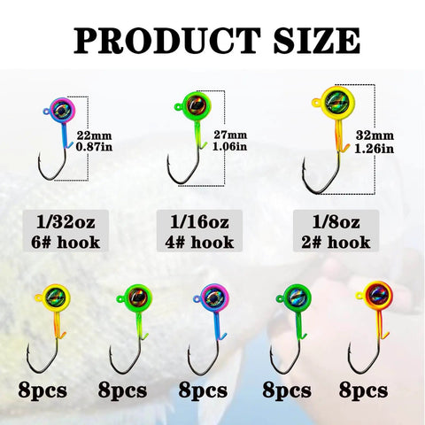 Crappie Jig Heads 40 Pack One Thirty Second Ounce Swimbait Jigs With V Sharp Barbed Hooks For Crappie And Bass Fishing High Carbon Steel Eye Clean No Paint Ready For Freshwater Angling showing various sizes and colors with 3D eyes.