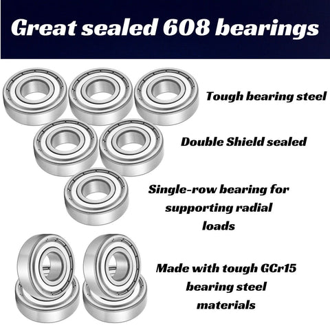 Nine 608-ZZ ball bearings, double-shielded steel, 8x22x7 mm.
