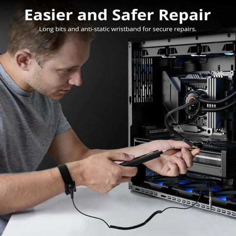 Man using Compact 155 In 1 Mini Electric Screwdriver Cordless Set With 5 Adjustable Torque Levels Up To 0.75Nm inside PC case