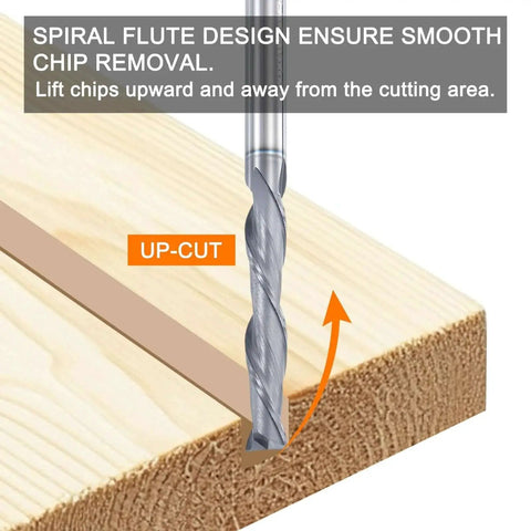 Spiral Router Bit For CNC Wood Carving And Engraving With Up Cut Two Flute Solid Carbide End Mill Quarter Inch Shank One And A Half Inch Cut Length AlTiN Coated Harfington cutting wood with up-cut design.