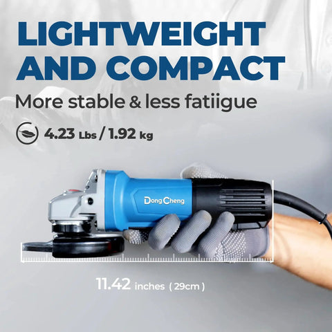 High Power Four And A Half Inch Angle Grinder With 6.7 Amp Copper Motor And 11,800 RPM Paddle Switch For Instant Stop in hand, showing lightweight design
