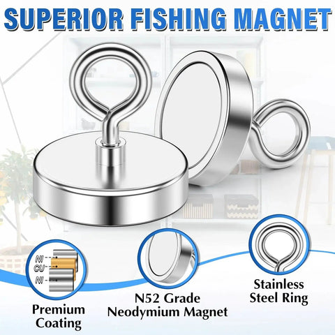 2.36 Inch Fishing Magnet 500 Lb Heavy Duty Rare Earth Magnet For Treasure Hunting, showing stainless steel and NiCuNi coating.