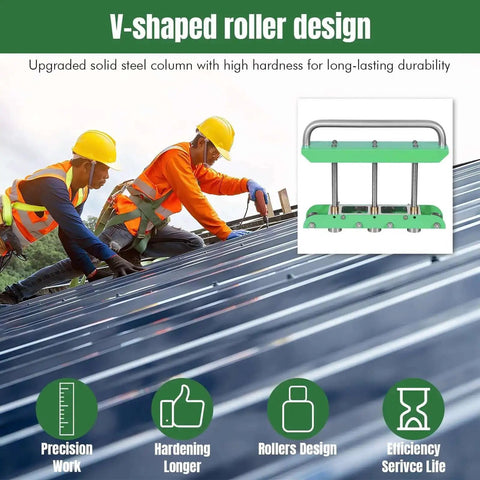 Workers using Heavy Duty Sheet Metal Bender Station 0 To 90 Degree Bending Machine Pro Folding Tool on steel roof with V-shaped roller design.