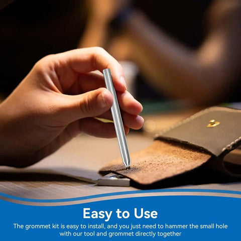 Person using grommet punch tool from 2mm Grommet Kit for shoes, bags, and clothes DIY projects with assorted colors.