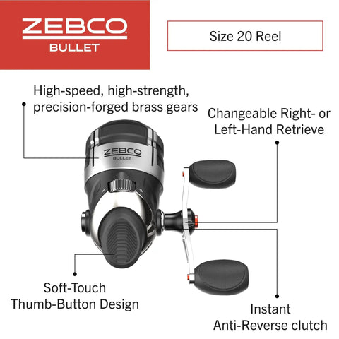 Bullet Spincast Fishing Reel With 28.9 Inches Per Turn Fast Retrieve 5.8 To 1 Gear Ratio All Metal Construction Solid Brass Pinion Gear Pre Spooled With 6 Pound Line Size 20 Black By Zebco, featuring soft-touch button and reversible retrieve option