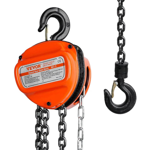1 Ton Hand Chain Hoist 20 Ft Lift 2200 Lbs G80 Galvanized Chain, compact hoist with double pawl brake and 360 hook visible