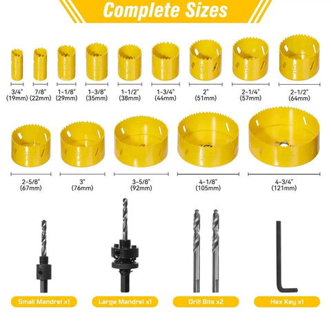 Complete sizes of Bi Metal Hole Saw Kit 19 Piece Set M42 Steel With Holes From Three Quarters Inch To Four And Three Quarters Inches Includes Mandrels Drill Bits Case For Metal Wood Drywall Pro Grade Heavy Duty In One Case shown in image