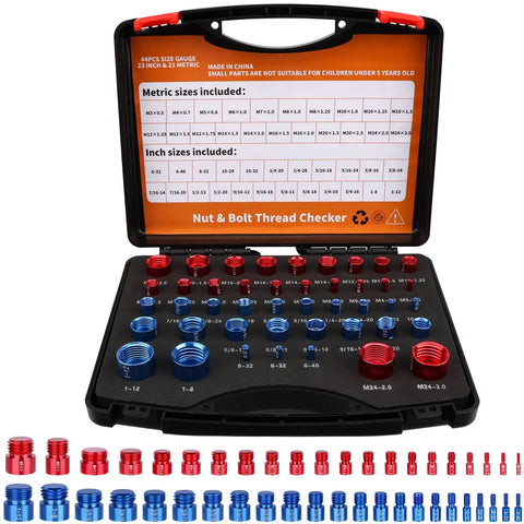 44 Piece Nut And Bolt Thread Checker Kit With 21 Metric And 23 Inch Gauges For Tight Spots, Thread Gauge Tool For Inspecting Bolts And Threaded Holes, Foam Storage Case with gauges in a foam storage case.