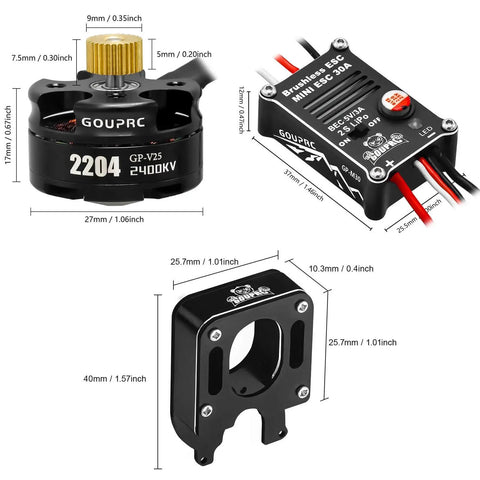 2204 2400KV Brushless Outrunner Motor With Transmission And 30A ESC Upgrade for SCX24 Crawler showing motor and ESC dimensions.
