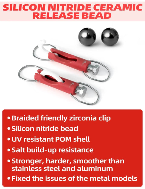 Upgraded Zirconia Outrigger Release Clips With UV Resistant POM Housing for Saltwater Trolling, Red Finish and Bead System