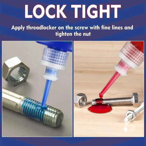 Blue and Red Thread Locker Kit for Nuts Bolts and Metal Fasteners, Medium and High Strength, application on metal nuts and bolts.