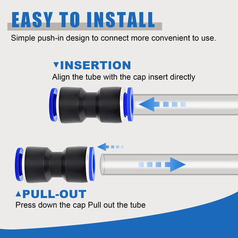 Push-to-connect pneumatic air line fittings, straight black plastic bodies with blue collars; includes tube cutter