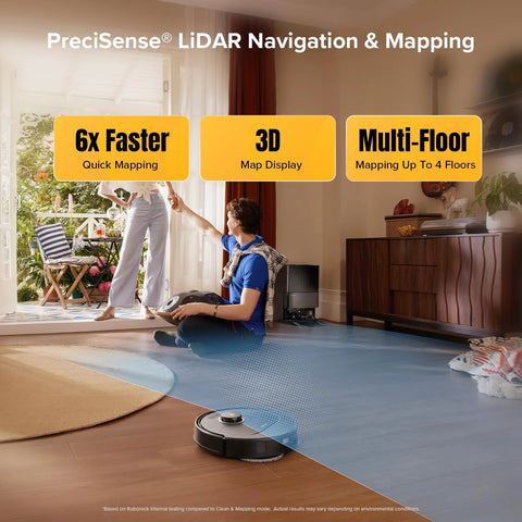 roborock Qrevo S5V robot vacuum and mop on wooden floor with blue mapping area in a living room scene