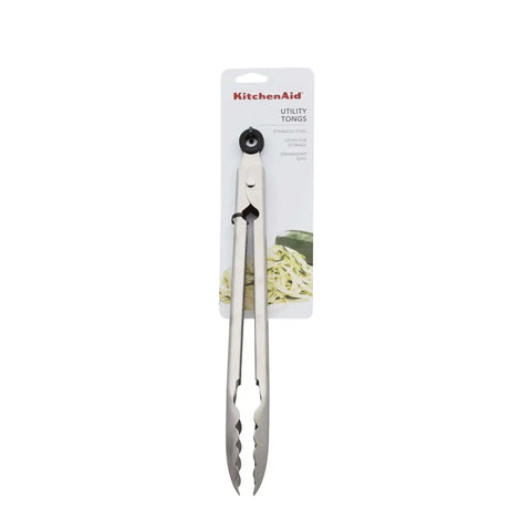 Stainless Steel Utility Tongs 12 Inch With Locking Mechanism For Easy Grab And Go Storage In Drawer Or Crock, packaged view.