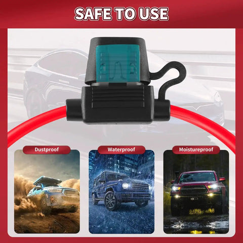 Image of Waterproof Heavy Duty 12V Inline Fuse Holder Kit showing waterproof, dustproof, and moistureproof features for cars and boats.