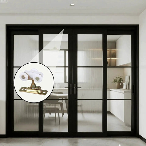 2Pcs 3/4 Inch Sliding Door Wheels Replacement Kit With Top Hanger For Wardrobe Bypass And Closet Accessories Gold Finish installed on glass door