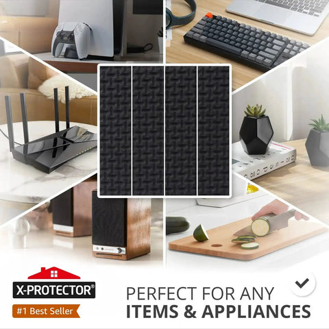 Collage showing Non Slip Rubber Strips Eight Pack Self Adhesive Grip Pads in use on various home office surfaces, protecting items.