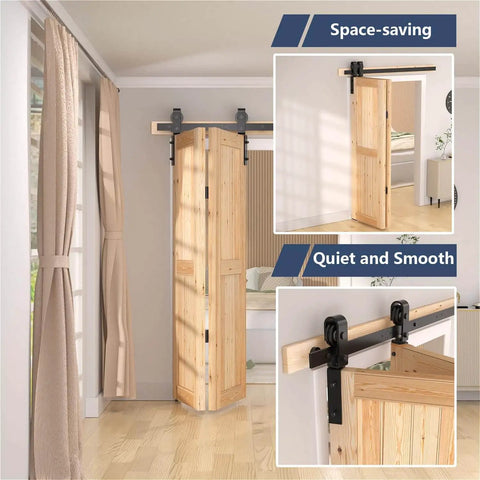 60 Inch Bifold Barn Door Hardware Kit for Two Doors, Black Finish, Folding Push-Pull System, Thickened Carbon Steel Track and Rollers shown installed.