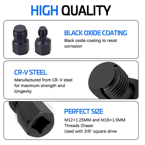 2 Piece Oxygen Sensor Thread Chasers Set With M18 x 1.5mm And M12 x 1.25mm Threads, 3/8 Inch Drive, showing black oxide finish