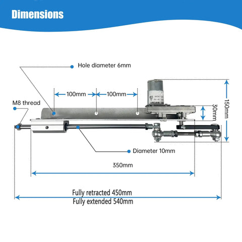 Diagram of DC 24V DIY Reciprocating Linear Actuator With Adjustable Telescopic Stroke And Speed Controller, showing dimensions and parts.