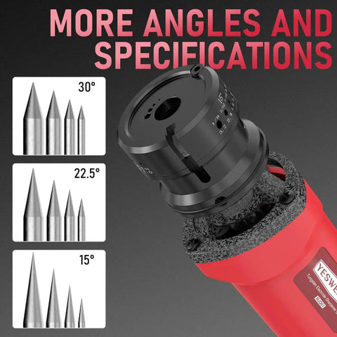 Close-up of Electric TIG Tungsten Electrode Sharpener And Grinder For Welding showing three angle options: 15°, 22.5°, 30°.