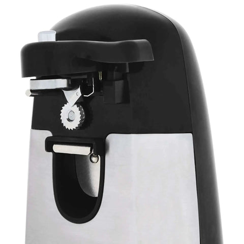3-In-1 Electric Can Opener With Bottle Opener And Knife Sharpener, stainless steel blade, magnetic lid holder, sleek black design