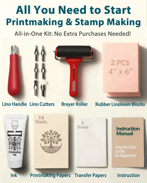 All In One Printmaking And Stamp Making Kit For Beginners With Linoleum Blocks Ink Brayer Transfer Papers Guide And 10 Printmaking Papers Perfect DIY Gift For Adults And Kids components including lino handle, cutters, brayer, linoleum blocks, ink, papers, guide.