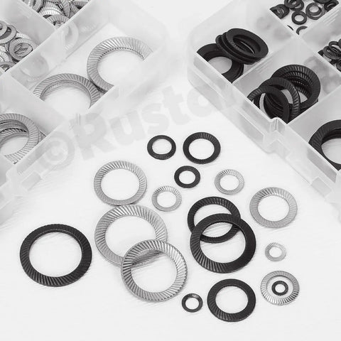 Assorted 304 stainless steel lock washers set in a plastic case with serrated teeth, multiple sizes.