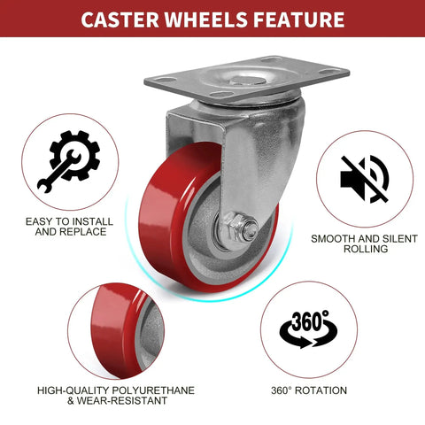 Heavy Duty 3 Inch Swivel Caster Wheels With Brake For Furniture Workbench And Cart, 360° rotation with polyurethane wheel