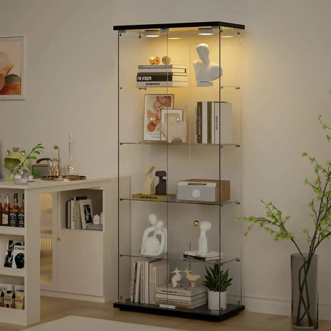 Five Shelf Glass Display Cabinet With Locking Door And Remote LED Lights 4mm Tempered Glass Floor To Ceiling Bookcase, black