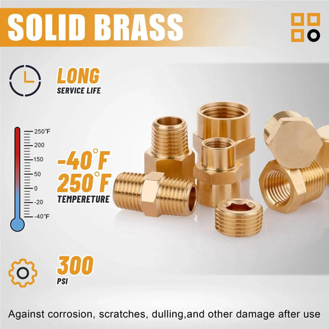 106 Piece Brass Pipe Fittings Kit For DIY Pros Includes NPT Adapters Nipples Couplings Bushings Plugs Caps And Socket Plugs Pro Grade Brass