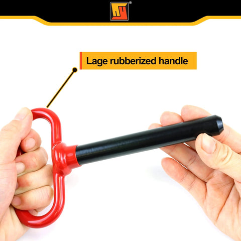 Two Pack Five Eighth Inch By Four And One Half Inch Steel Hitch Pins With Four Three Inch R Clips Clevis Pin Hitch With Rubber Coated Handle In Red Color, close-up