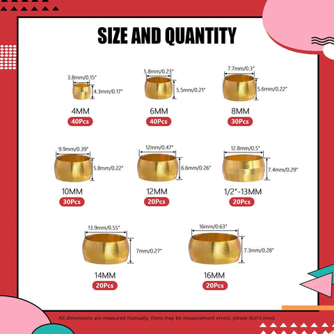 Hilitchi brass compression sleeves kit by Amazon, 4–16 mm tube sizes, 220 pcs, gold color.