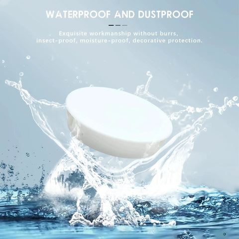 White 50 Mm Round Hole Plugs Set Of 6 For Flush Snap In Covers shown as waterproof and dustproof in a splash of water.