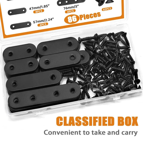 86 Pieces Black Flat Metal Bracket Set Mending Plates Stainless Steel Flat Brace Brackets in box with screws