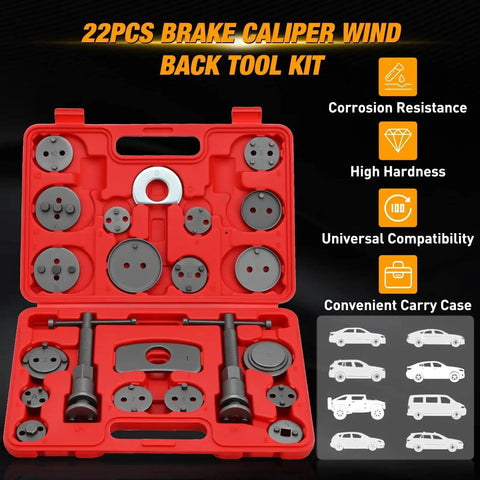 22-piece disc brake caliper piston compression tool set in red carry case