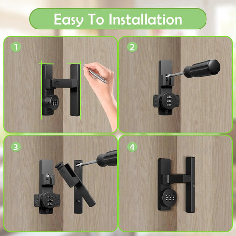 Installation steps for Heavy Duty Barn Door Lock With 3 Digit Password, All In One Security Latch for various doors and cabinets.