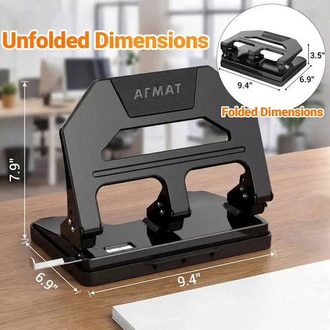 Heavy Duty 3 Hole Puncher With 40 Sheet Capacity, 50 Percent Less Effort Lever, Built In Paper Guide, Large Tray, Metal Construction