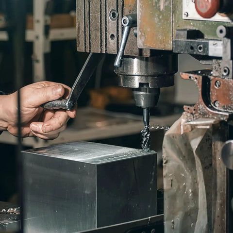 Craftsperson machining metal block using a lathe in workshop