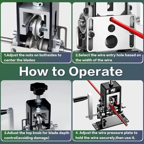 Image showing setup instructions for Manual Wire Stripping Tool for Copper Wire 0.06 to 1 Inch Gauge, Drill Powered Hand Crank Stripper Tool.