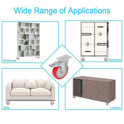Diagram showing applications of 5 Inch Plate Caster Wheels Set Of 4 With Safety Dual Lock Brakes on furniture and equipment.